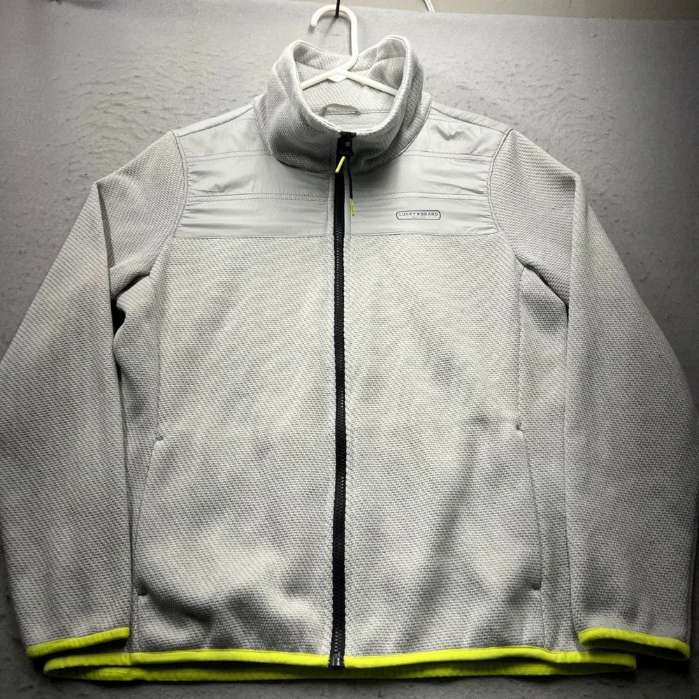 Lucky Brand Mens Gray Full Zip Fleece Jacket Neon Trim Size Medium 1749